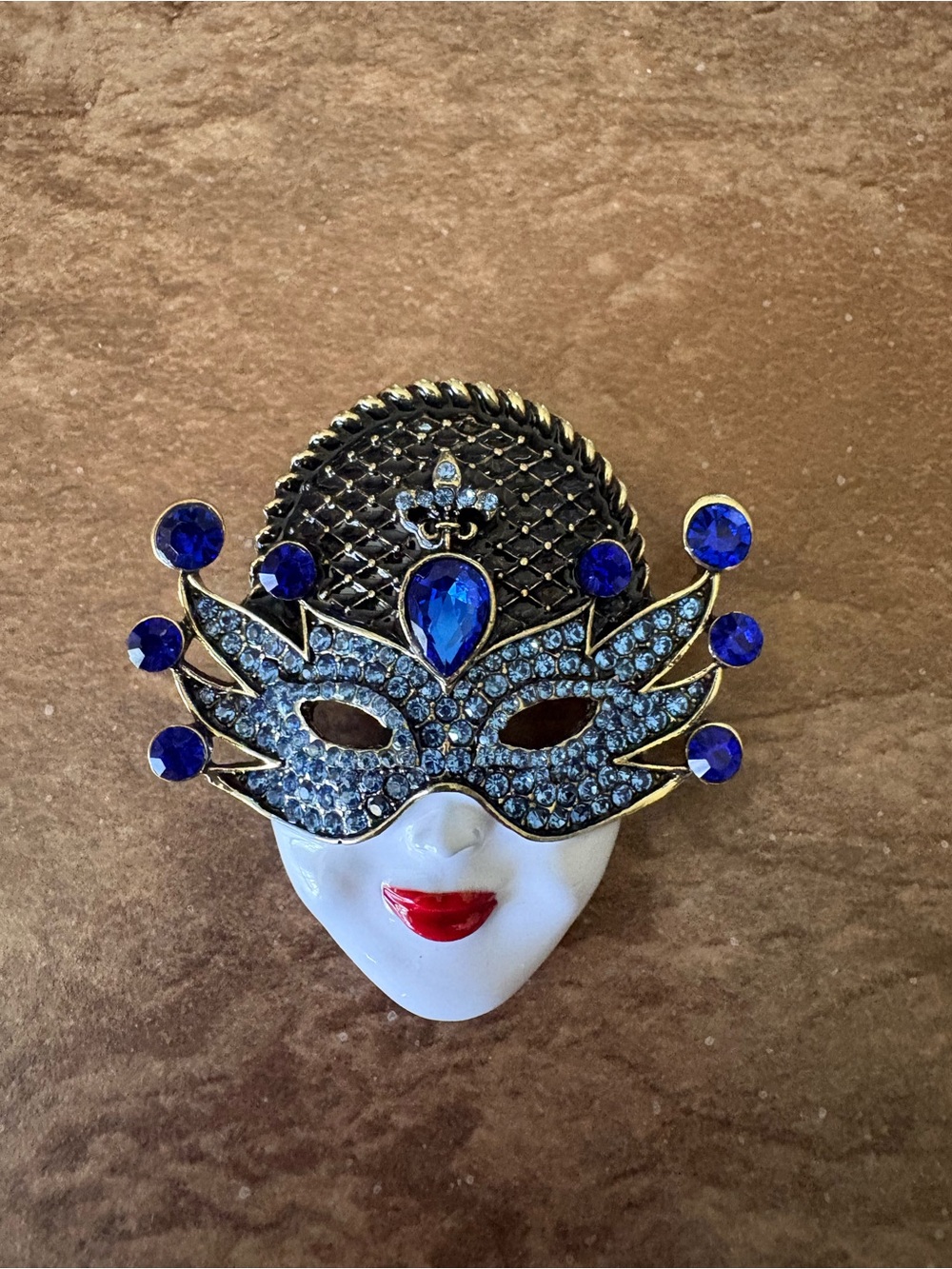 Masquerade Mask Face Brooch with Blue Rhinestones
